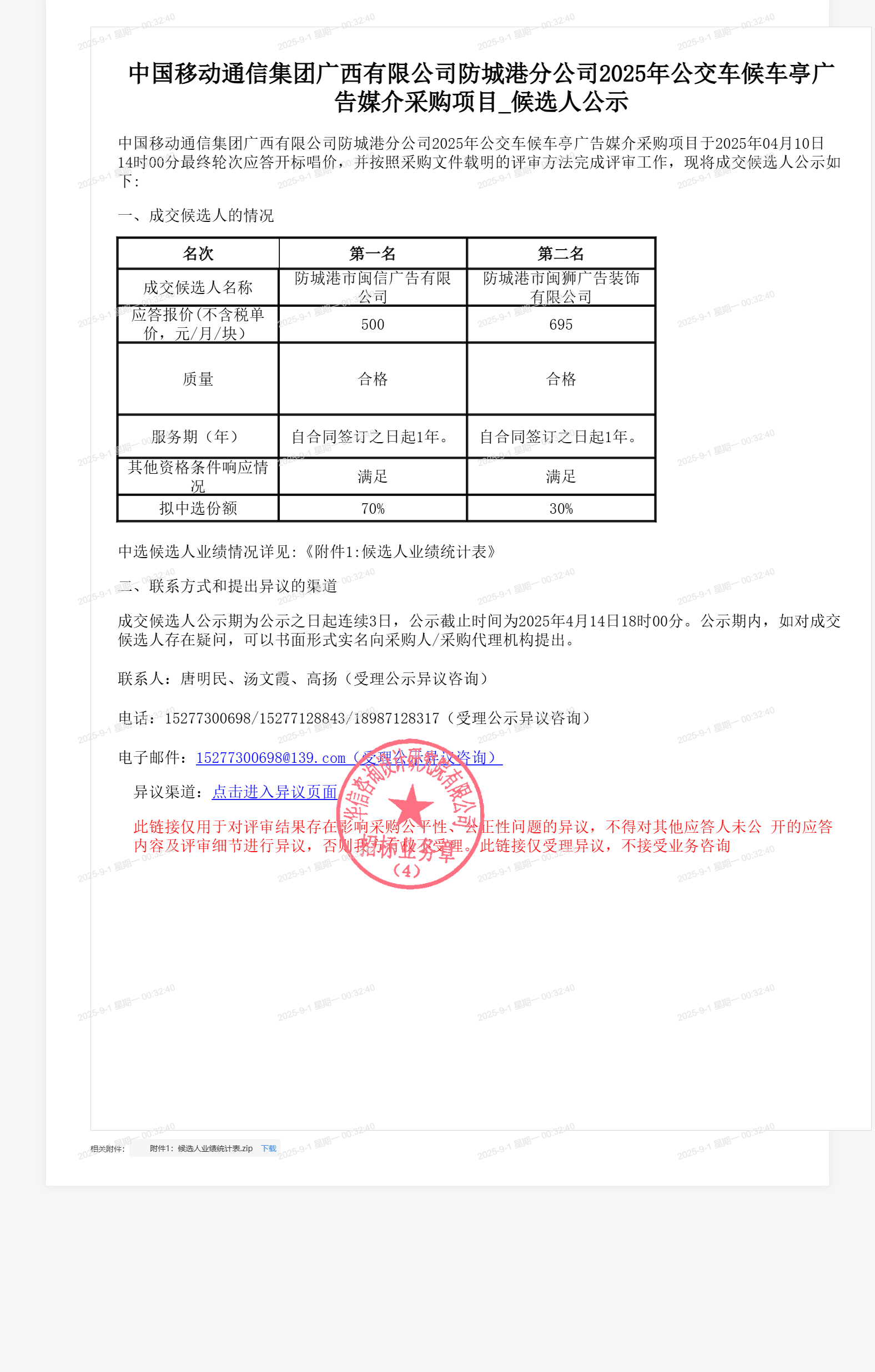 中国移动通信集团广西有限公司防城港分公司2025年公交车候车亭广告媒介采购项目_候选人公示