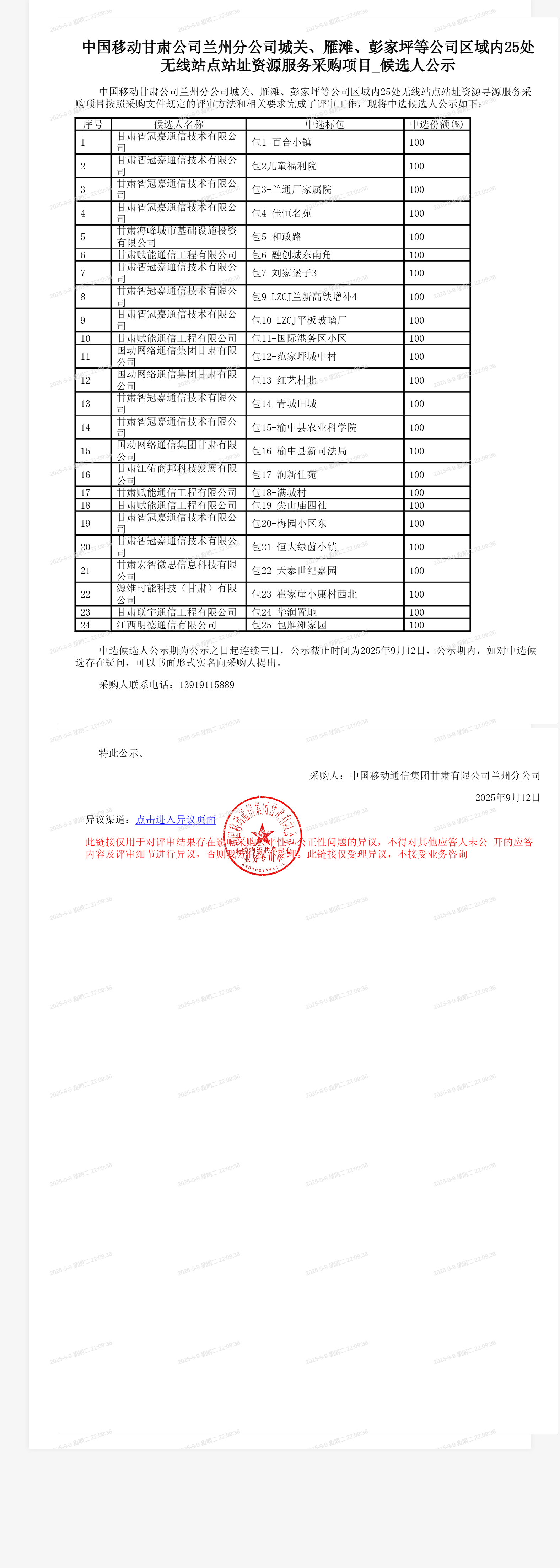 中国移动甘肃公司兰州分公司城关、雁滩、彭家坪等公司区域内25处无线站点站址资源服务采购项目_候选人公示