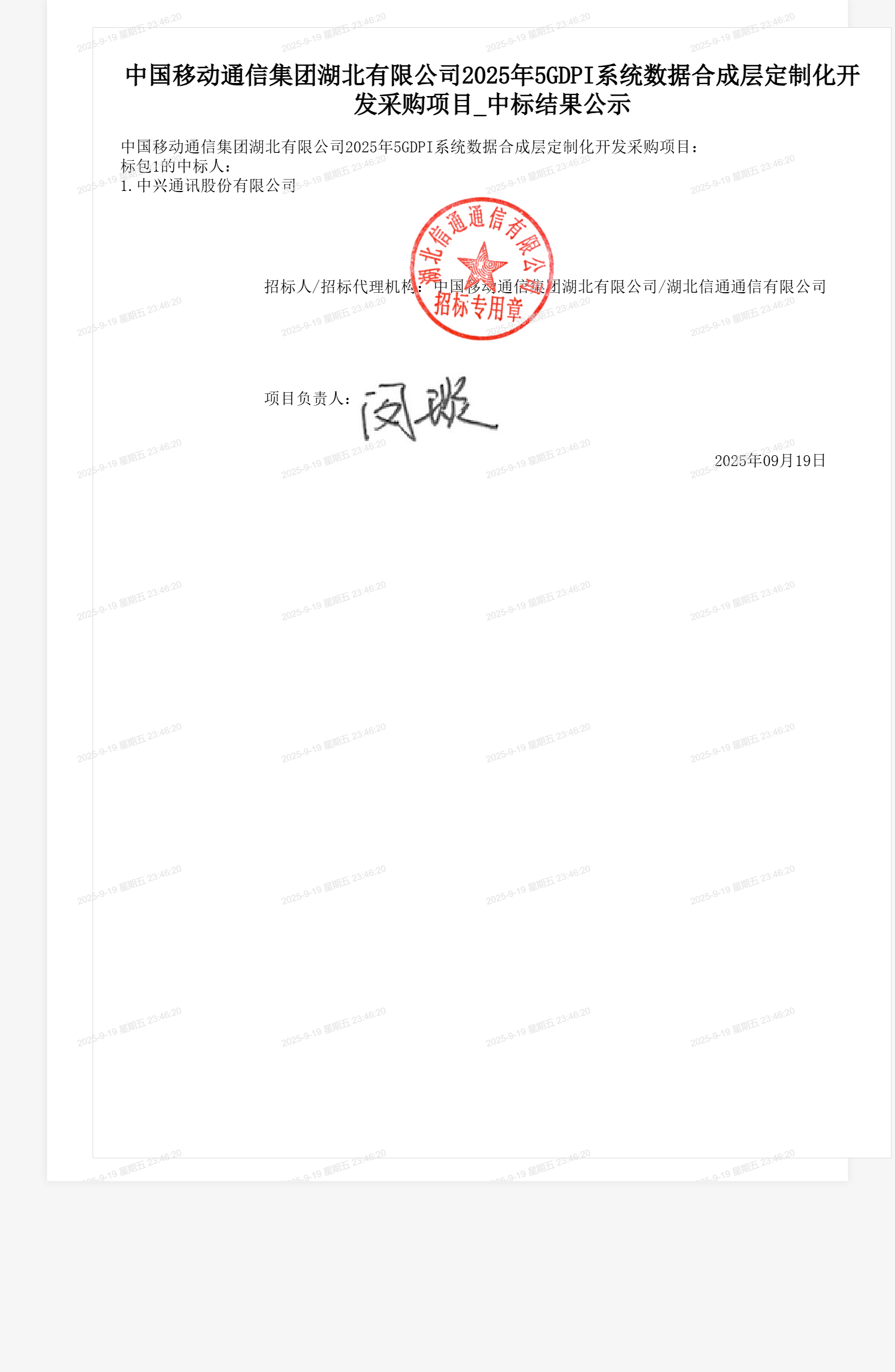 中国移动通信集团湖北有限公司2025年5GDPI系统数据合成层定制化开发采购项目_中标结果公示